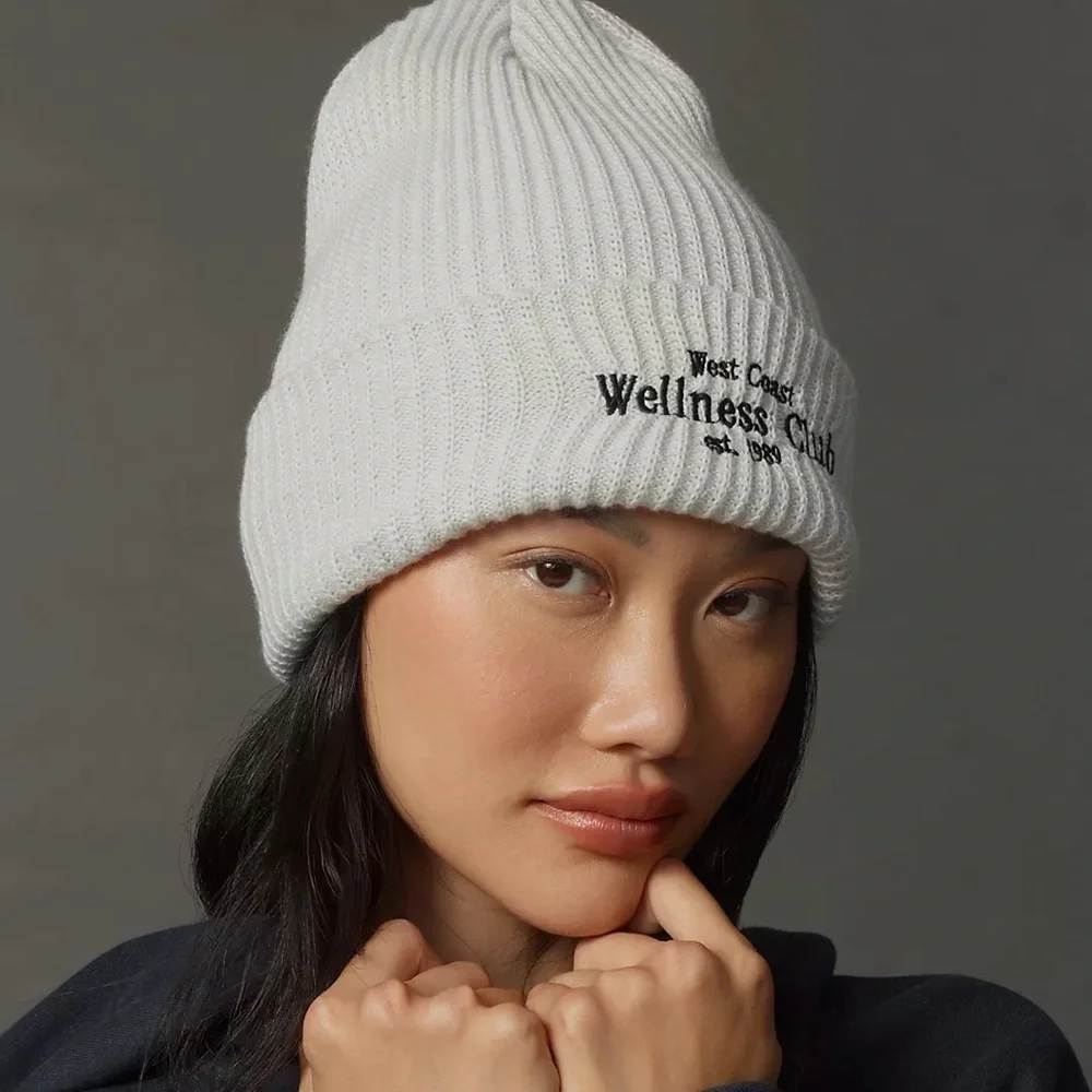 Daily Practice by Anthropologie Sport Club Ribbed Light Grey Beanie Hat